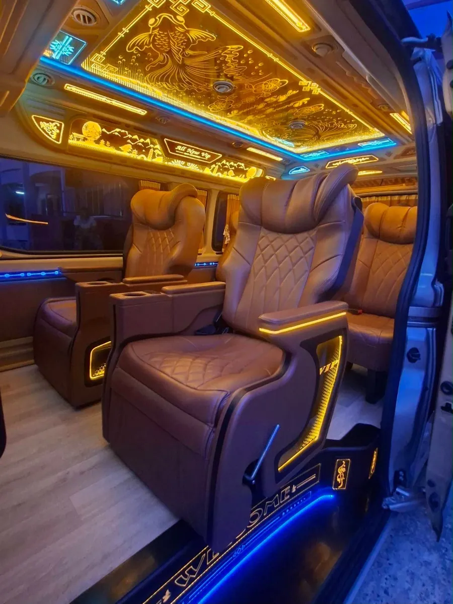 The cabin of the VIP Minivan, photographed through the open sliding door: single reclining chairs each on their own base, with a clear aisle running back between them to the rear row.