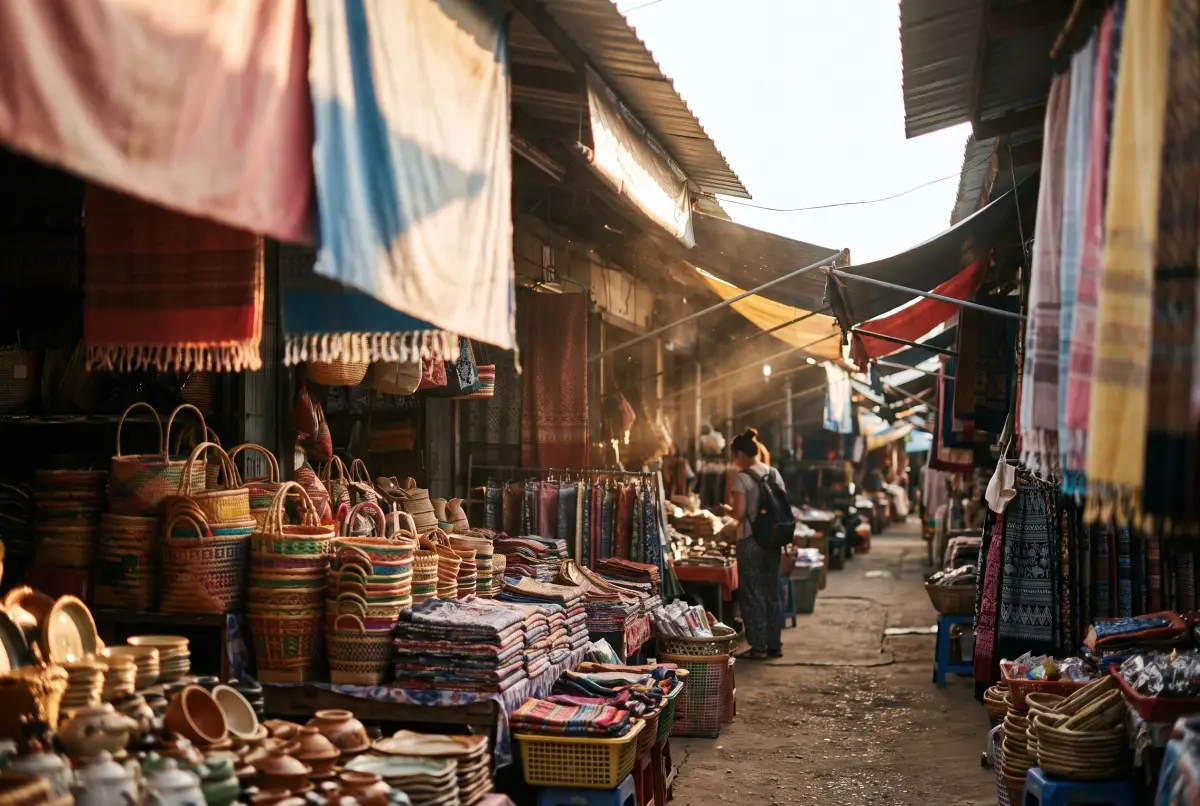 A narrow covered market alley hung with textiles, stacked with baskets and pottery on both sides, a shopper standing mid-aisle