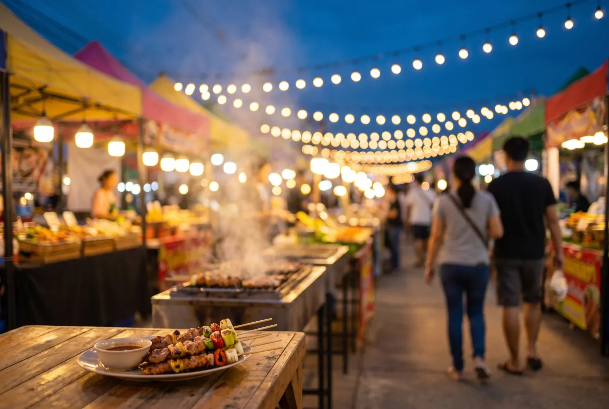 An evening street-food market under strings of bulbs, with a plate of grilled skewers on a wooden table in the foreground