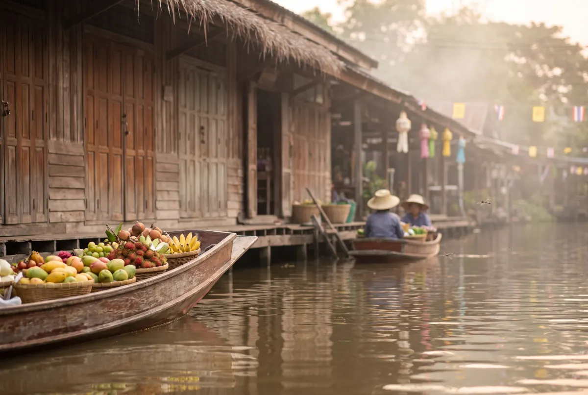 A longtail boat loaded with baskets of tropical fruit tied up beside a teak stilt house on a canal, with vendors in conical hats in a second boat behind