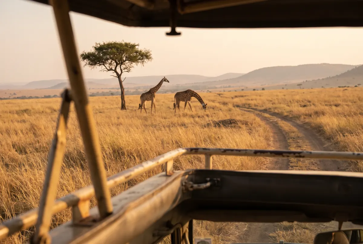 Two giraffes grazing in tall grass beside a lone acacia, seen from inside an open-sided safari vehicle