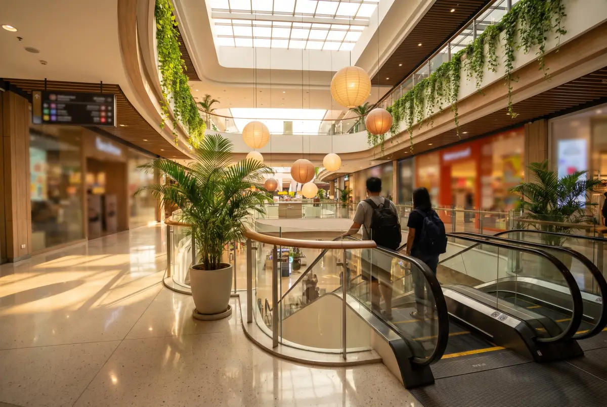 The bright multi-level atrium of a shopping mall, with globe lamps, trailing plants over the balconies and two shoppers at the top of an escalator